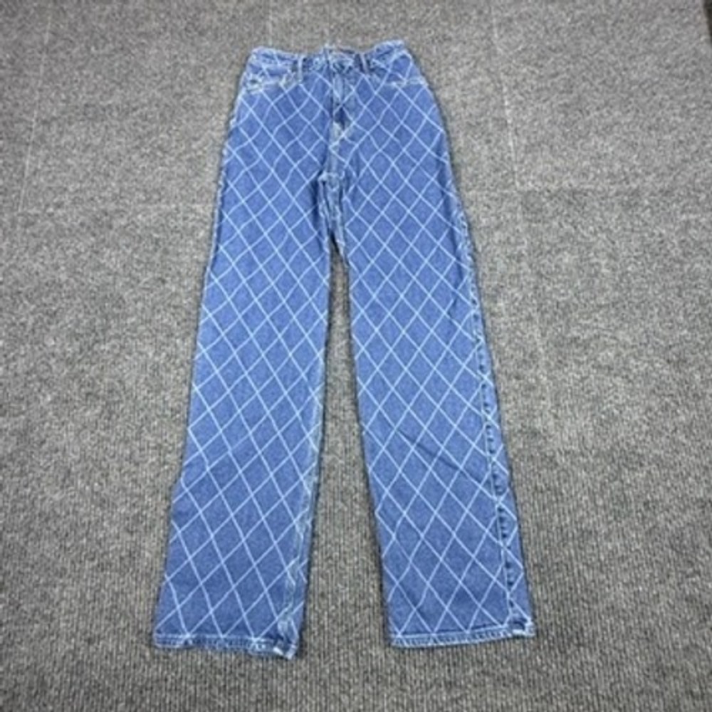 Hollister Ultra High Rise Dad Jeans 1R W25 L31 Blue Diamond Grid Pattern Denim
